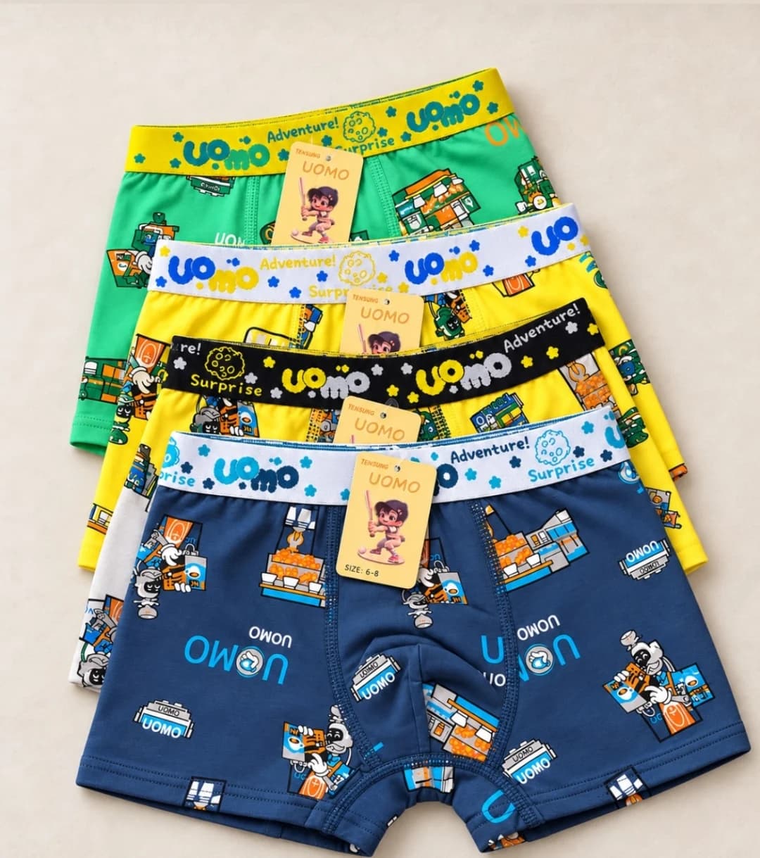 Boxer infantil UOMO, combo x 3 del mismo talle (talles 4-6 a 10-12) — foto publicada por el comercio en sus historias de Instagram @simple.indumentariia (21/10/2026)