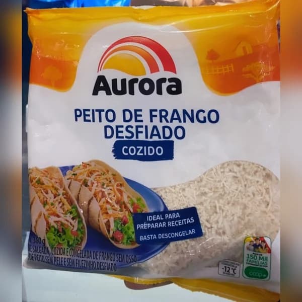 Peito de frango desfiado cozido Aurora 360 g — foto da loja nos stories de Instagram @supersaojoseoficial (28/10/2026)