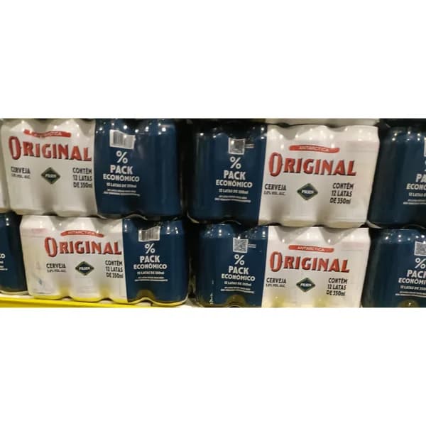 Cerveja Antarctica Original caixa 12 latas 350 ml — foto propia de góndola, tienda de Dionísio Cerqueira (administrador, 24/10/2026)