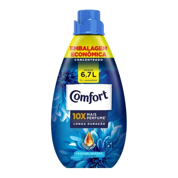 Amaciante Comfort concentrado 1,5 L (essencial, lavanda ou energia floral) — foto de catálogo de www.bistek.com.br (https://www.bistek.com.br/amaciante-concentrado-comfort-cuidado-essencial-15l-1902938/p); búsqueda encargada por el administrador, 24/10/2026