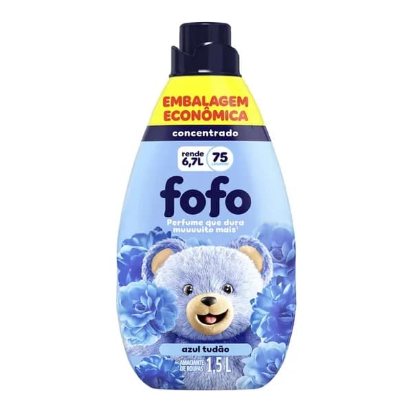Amaciante Fofo concentrado azul tudão 1,5 L — foto de catálogo de www.bistek.com.br (https://www.bistek.com.br/amaciante-concentrado-fofo-azul-tudao-embalagem-economica-15l-2286009/p); búsqueda encargada por el administrador, 24/10/2026