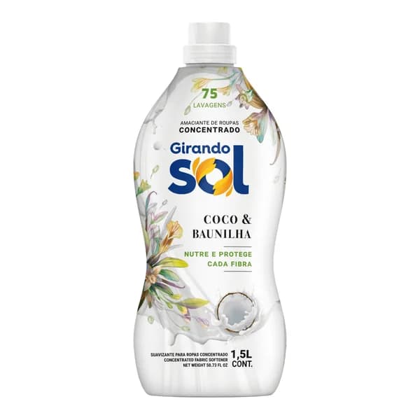 Amaciante Girando Sol concentrado coco e baunilha 1,5 L — foto de catálogo de www.bistek.com.br (https://www.bistek.com.br/amaciante-concentrado-girando-sol-15l-cocbaun-2255910/p); búsqueda encargada por el administrador, 24/10/2026