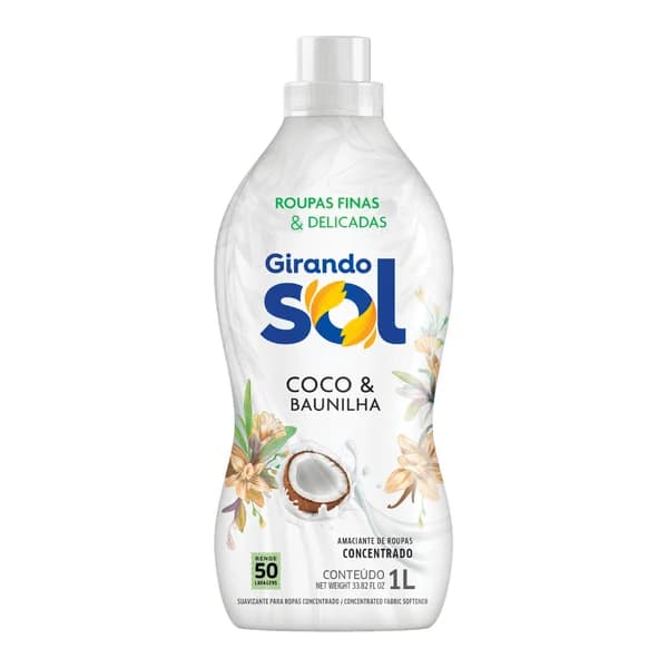 Amaciante Girando Sol concentrado coco e baunilha 1 L — foto de catálogo de www.bistek.com.br (https://www.bistek.com.br/amaciante-concgirando-sol-1l-coco-baun-2091364/p); búsqueda encargada por el administrador, 24/10/2026