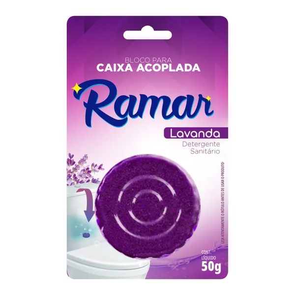 Bloco sanitário Ramar caixa acoplada lavanda 50 g — foto de catálogo de ramarltda.com.br (https://ramarltda.com.br/produto/bloco-para-caixa-acoplada-lavanda); búsqueda encargada por el administrador, 24/10/2026