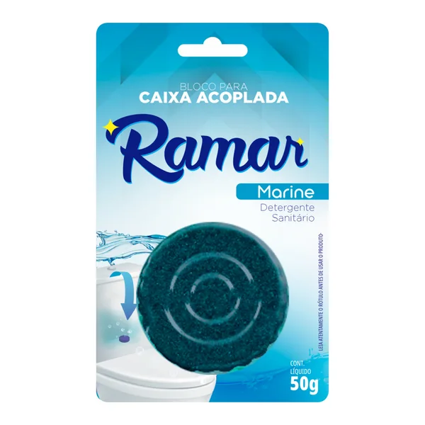 Bloco sanitário Ramar caixa acoplada marine 50 g — foto de catálogo de ramarltda.com.br (https://ramarltda.com.br/produto/bloco-para-caixa-acoplada-marine); búsqueda encargada por el administrador, 24/10/2026