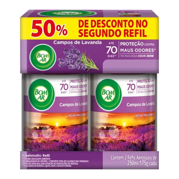 Bom Ar Freshmatic refil lavanda c/2 250 ml — foto de catálogo de www.bistek.com.br (https://www.bistek.com.br/pack-neutralizador-de-odores-campos-de-lavanda-freshmatic-bom-ar-frasco-2-unidades-250ml-cada-spray-gratis-50-de-desconto-no-segundo-refil-1678701/p); búsqueda encargada por el administrador, 24/10/2026