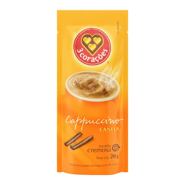 Café 3 Corações cappuccino sachê 20 g (chocolate, canela ou clássico) — foto de catálogo de www.bistek.com.br (https://www.bistek.com.br/cafe-cappuccino-3-coracoes-20g-canela-1071157/p); búsqueda encargada por el administrador, 24/10/2026