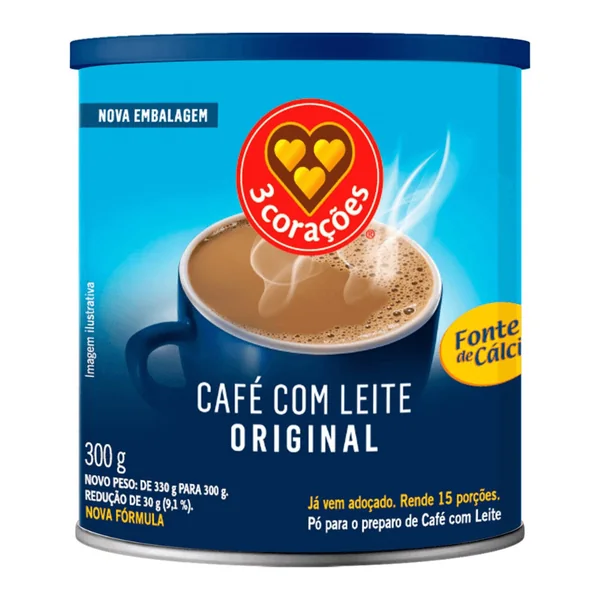 Café 3 Corações com leite original lata 300 g — foto de catálogo de www.bistek.com.br (https://www.bistek.com.br/cafe-cleite-3-coracoes-300g-original-2160196/p); búsqueda encargada por el administrador, 24/10/2026
