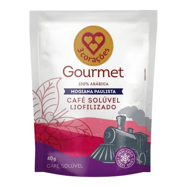 Café 3 Corações Gourmet liofilizado sachê 40 g (cerrado mineiro, sul de Minas ou mogiana) — foto de catálogo de www.bistek.com.br (https://www.bistek.com.br/cafe-soluvel-3-coracoes-gourmet-40g-mogpaulista-r-4005778/p); búsqueda encargada por el administrador, 24/10/2026