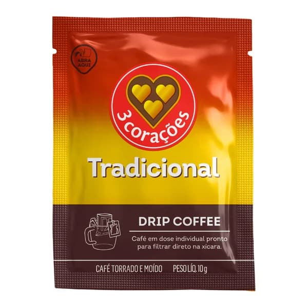 Café 3 Corações tradicional drip coffee 10 g — foto de catálogo de www.bistek.com.br (https://www.bistek.com.br/cafe-individual-3-coracoes-tradicional-drip-coffee-10g-2205955/p); búsqueda encargada por el administrador, 24/10/2026