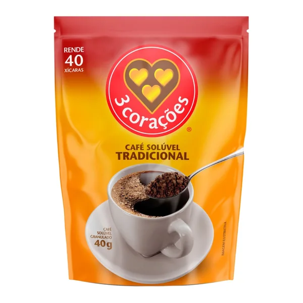 Café 3 Corações solúvel tradicional sachê 40 g — foto de catálogo de www.bistek.com.br (https://www.bistek.com.br/cafe-soluvel-3-coracoes-40g-tradrefil-2295393/p); búsqueda encargada por el administrador, 24/10/2026