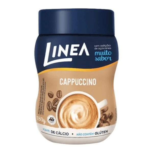 Café Línea cappuccino zero açúcar 150 g — foto de catálogo de www.bistek.com.br (https://www.bistek.com.br/cappuccino-linea-180g-zracucar-2050196/p); búsqueda encargada por el administrador, 24/10/2026