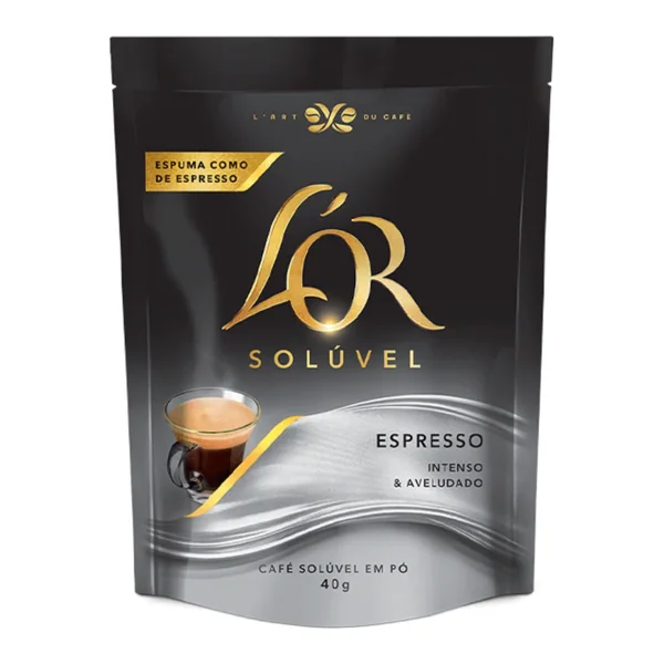 Café Loor espresso solúvel sachê 40 g — foto de catálogo de www.bistek.com.br (https://www.bistek.com.br/cafe-soluvel-em-po-espresso-lor-sache-40g-2056690/p); búsqueda encargada por el administrador, 24/10/2026