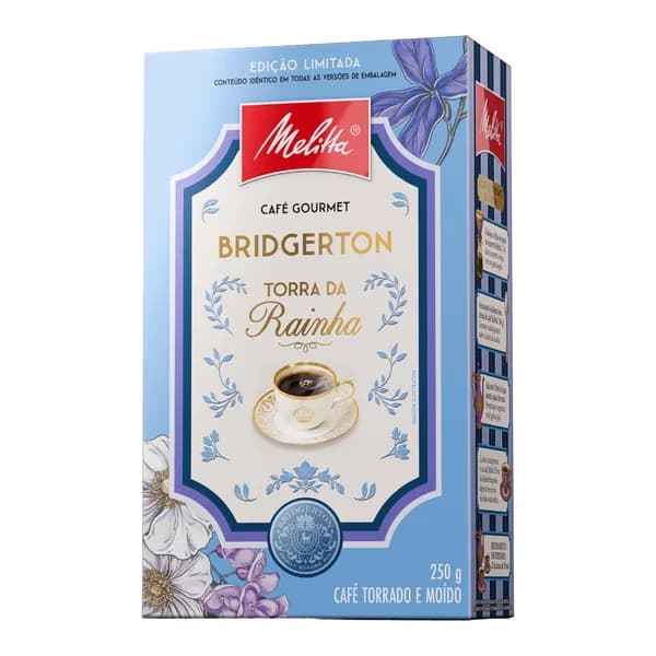Café Melitta Bridgerton torrado e moído 250 g — foto de catálogo de www.bistek.com.br (https://www.bistek.com.br/cafe-po-melitta-250g-bridgerton-torra-da-rainha-4000330/p); búsqueda encargada por el administrador, 24/10/2026