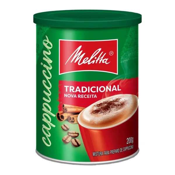 Café Melitta cappuccino 200 g (chocolate ou tradicional) — foto de catálogo de www.bistek.com.br (https://www.bistek.com.br/cafe-cappuccino-melitta-200g-tradicional-1071122/p); búsqueda encargada por el administrador, 24/10/2026