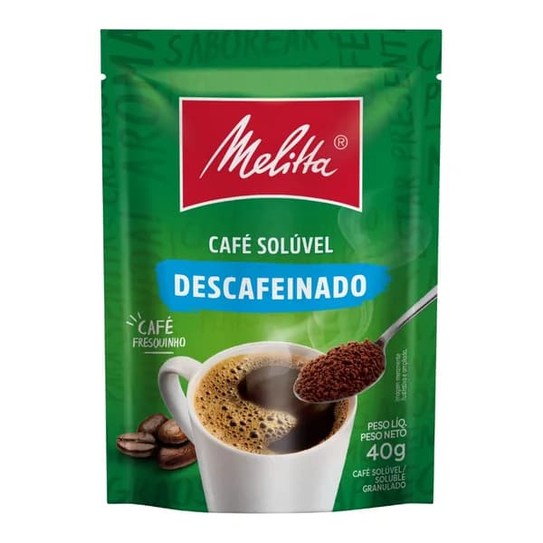 Café Melitta solúvel descafeinado sachê 40 g — foto de catálogo de www.bistek.com.br (https://www.bistek.com.br/cafe-soluvel-granulado-descafeinado-melitta-sache-40g-2102536/p); búsqueda encargada por el administrador, 24/10/2026