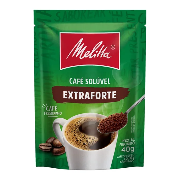 Café Melitta solúvel extraforte sachê 40 g — foto de catálogo de www.bistek.com.br (https://www.bistek.com.br/cafe-soluvel-granulado-extraforte-melitta-sache-40g-2102552/p); búsqueda encargada por el administrador, 24/10/2026