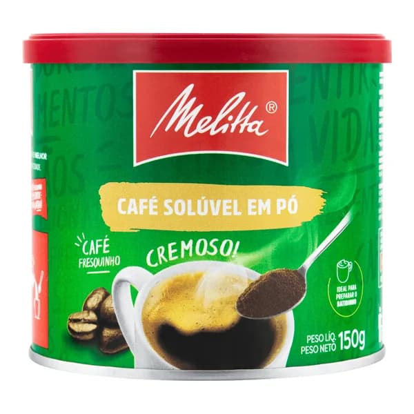 Café Melitta solúvel lata 150 g — foto de catálogo de www.bistek.com.br (https://www.bistek.com.br/cafe-soluvel-melitta-150g-lata-2276550/p); búsqueda encargada por el administrador, 24/10/2026