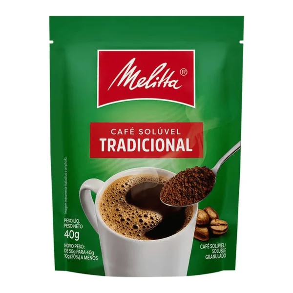Café Melitta solúvel tradicional sachê 40 g — foto de catálogo de www.bistek.com.br (https://www.bistek.com.br/cafe-soluvel-melitta-40g-tradicional-2102579/p); búsqueda encargada por el administrador, 24/10/2026
