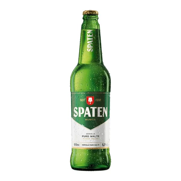 Cerveja Spaten Munich 600 ml — foto de catálogo de www.bistek.com.br (https://www.bistek.com.br/cerveja-spaten-600ml-2102072/p); búsqueda encargada por el administrador, 24/10/2026