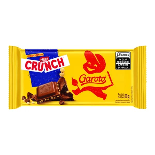 Chocolate Garoto recheado 80 g (Negresco, Crunch ou caramelo) — foto de catálogo de www.bistek.com.br (https://www.bistek.com.br/chocolate-ao-leite-crunch-garoto-80g-2243040/p); búsqueda encargada por el administrador, 24/10/2026