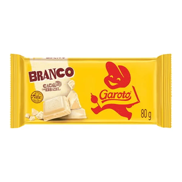 Chocolate Garoto 80 g (branco, caju, leite, crocante ou meio amargo) — foto de catálogo de www.bistek.com.br (https://www.bistek.com.br/chocolate-branco-garoto-80g-2132168/p); búsqueda encargada por el administrador, 24/10/2026