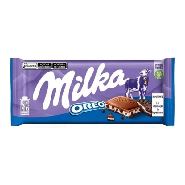 Chocolate Milka 100 g (ao leite, Oreo, Alpine Milk, Bubbly, Chips Ahoy ou avelã) — foto de catálogo de www.bistek.com.br (https://www.bistek.com.br/chocolate-milka-100g-oreo-1566440/p); búsqueda encargada por el administrador, 24/10/2026