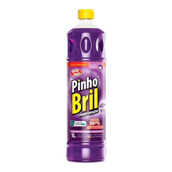 Desinfetante Pinho Bril 1 L (campos de lavanda, brisa do mar ou flores de limão) — foto de catálogo de www.bistek.com.br (https://www.bistek.com.br/desinfetante-pinho-bril-1l-lavanda-720143/p); búsqueda encargada por el administrador, 24/10/2026