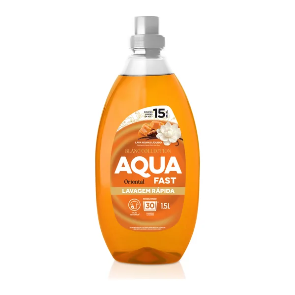 Lava-roupas líquido Aqua Fast 1,5 L (oriental ou total clean) — foto de catálogo de www.aquafast.com.br (https://www.aquafast.com.br/produto/lava-roupas-liquido-lavagem-rapida-oriental-15l/); búsqueda encargada por el administrador, 24/10/2026