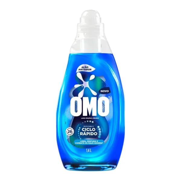 Lava-roupas líquido OMO ciclo rápido 1,4 L — foto de catálogo de www.bistek.com.br (https://www.bistek.com.br/lava-roupas-liquido-omo-ciclo-rapido-acao-antiodor-frasco-14l-2344475/p); búsqueda encargada por el administrador, 24/10/2026