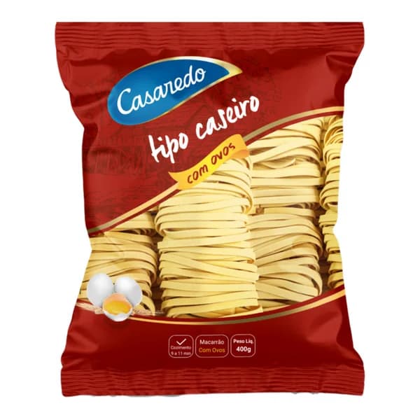 Massa Casaredo caseira talharim 400 g — foto de catálogo de www.casaredo.com (https://www.casaredo.com/produto/macarrao-com-ovos-caseira-400); búsqueda encargada por el administrador, 24/10/2026