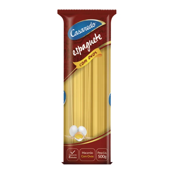 Massa Casaredo com ovos espaguete 500 g — foto de catálogo de www.casaredo.com (https://www.casaredo.com/produto/massa-com-ovos-espaguete-fino-500g); búsqueda encargada por el administrador, 24/10/2026