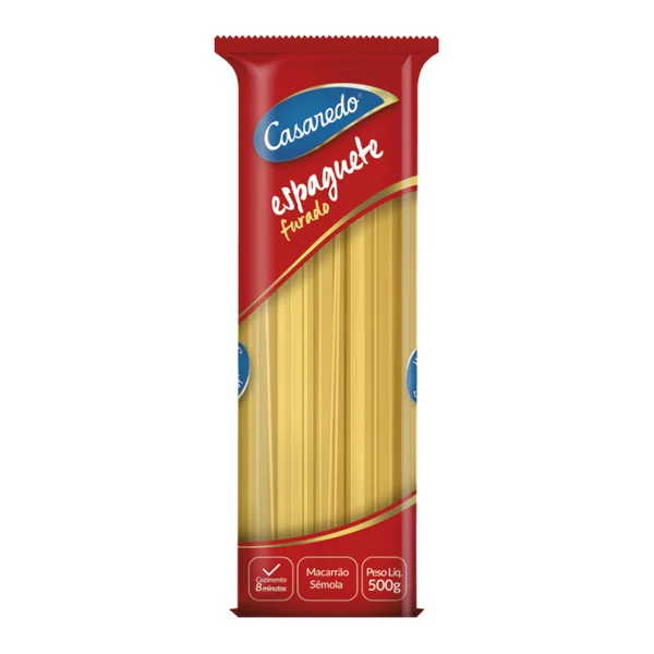Massa Casaredo sêmola furadinho 500 g — foto de catálogo de www.casaredo.com (https://www.casaredo.com/produto/massa-semola-espaguete-furado-500g); búsqueda encargada por el administrador, 24/10/2026