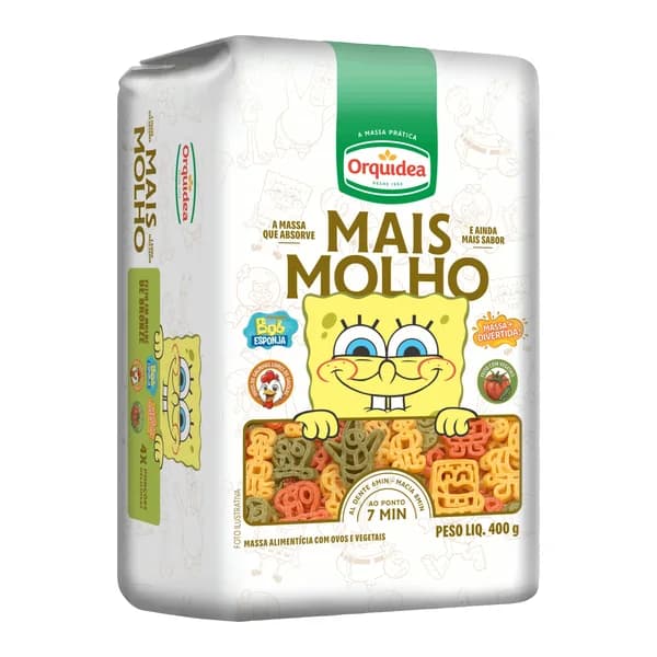Massa Orquídea Bob Esponja 400 g — foto de catálogo de www.bistek.com.br (https://www.bistek.com.br/macarrao-com-ovos-orquidea-400g-mais-molho-4004146/p); búsqueda encargada por el administrador, 24/10/2026