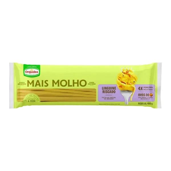 Massa Orquídea com ovos linguine 400 g — foto de catálogo de www.bistek.com.br (https://www.bistek.com.br/macarrao-orquidea-400g-mais-molho-linguine-2321343/p); búsqueda encargada por el administrador, 24/10/2026