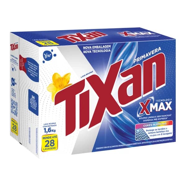 Sabão em pó Tixan Ypê 1,6 kg (maciez ou primavera) — foto de catálogo de www.bistek.com.br (https://www.bistek.com.br/lava-roupa-po-tixan-ype-16kg-primavera-2101734/p); búsqueda encargada por el administrador, 24/10/2026
