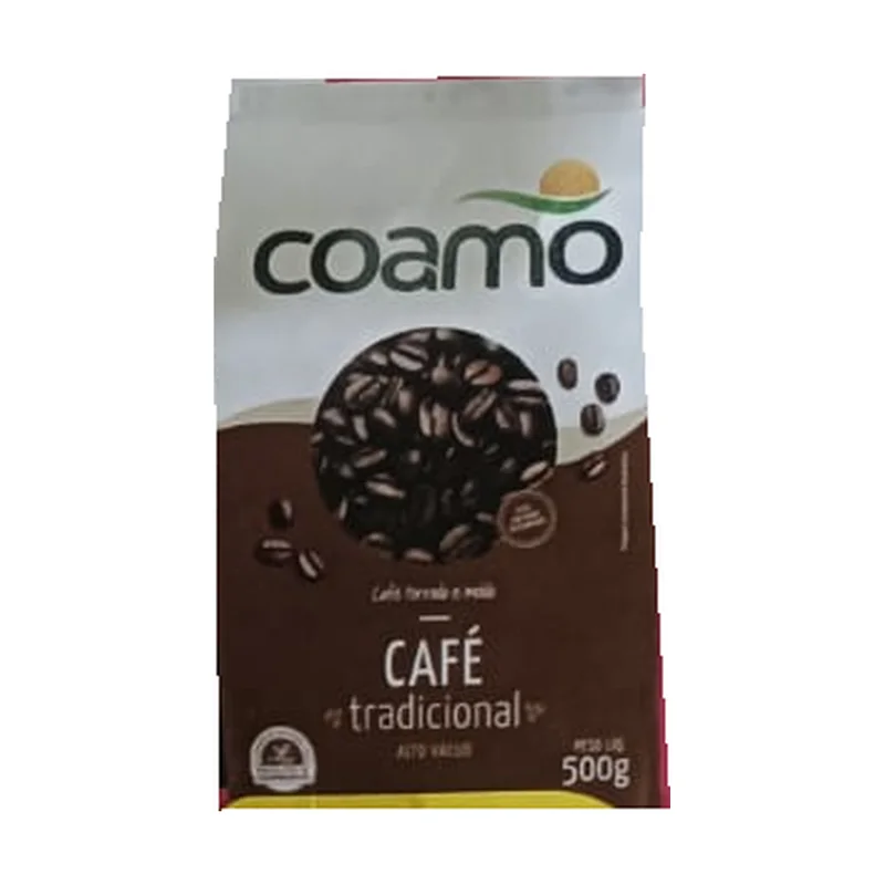 Café molido al vacío Coamo 500 g, envase original del folleto Rede Forte