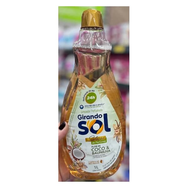 Limpador perfumado Girando Sol 1 L — fotos de góndola del post "Vem aí, dias de sol" (Instagram @verduraosupermercado, 19–24/10/2026)