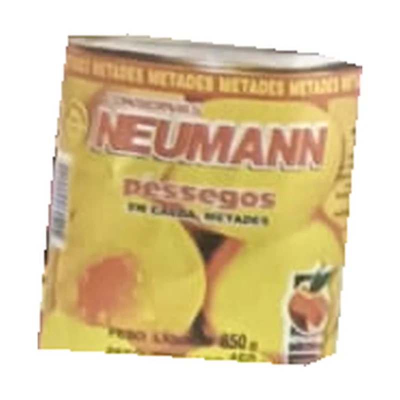 Duraznos en mitades Neumann 450 g, envase original del folleto Rede Forte
